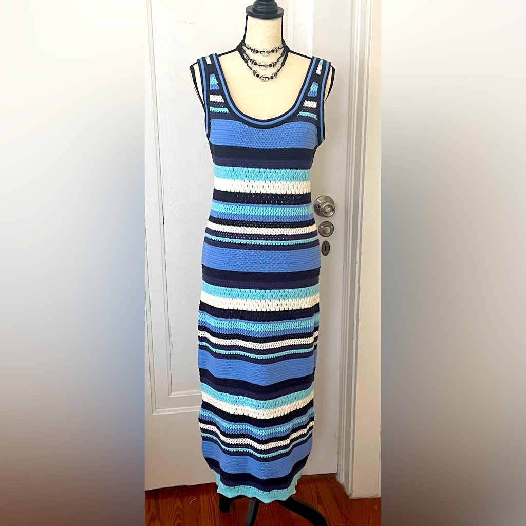 Nwt Haute Hippie Colors Of The Ocean Blue Striped & Crocheted Midi Dress Size L
